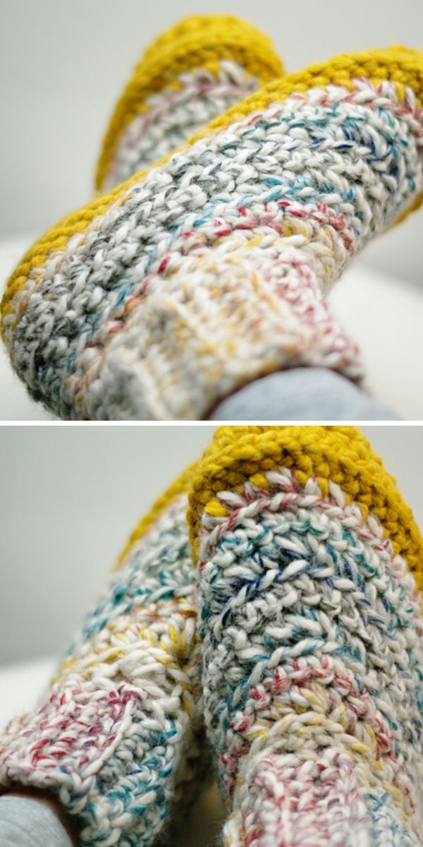 A pair of yellow crochet slippers.