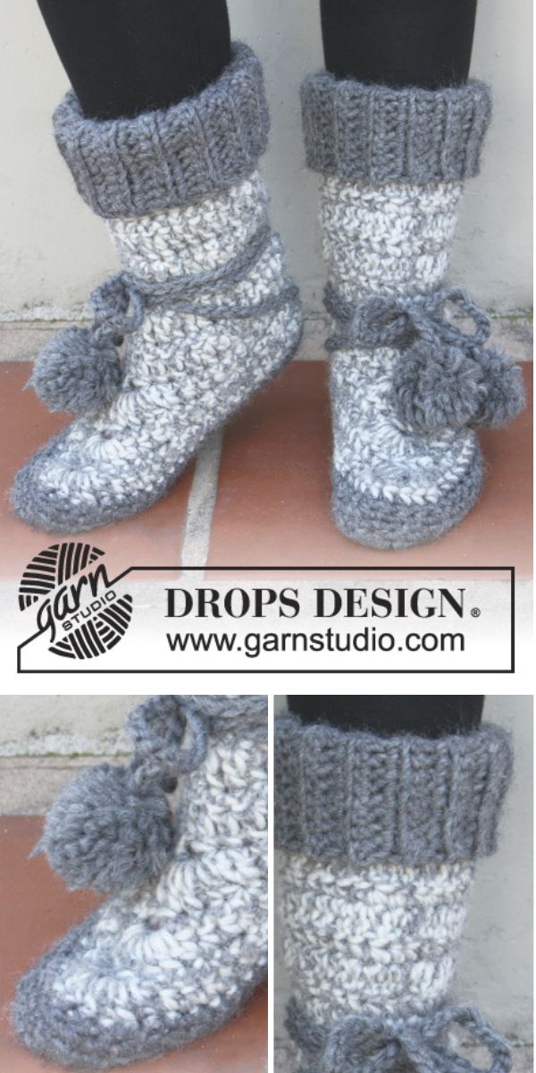 A pair of crocheted slipper boots with a pom pom.