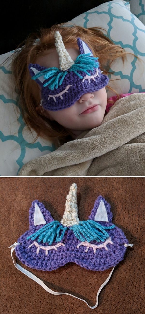 girl in a crochet sleep mask with unicorn design
