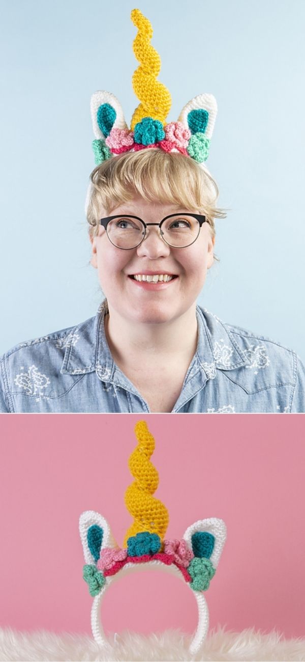 crochet headband with yellow horn and flowers