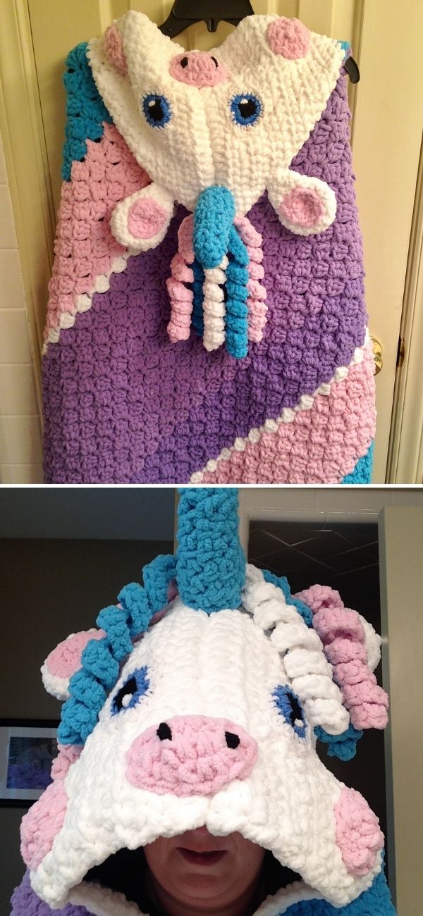 violet and pink hooded blanket