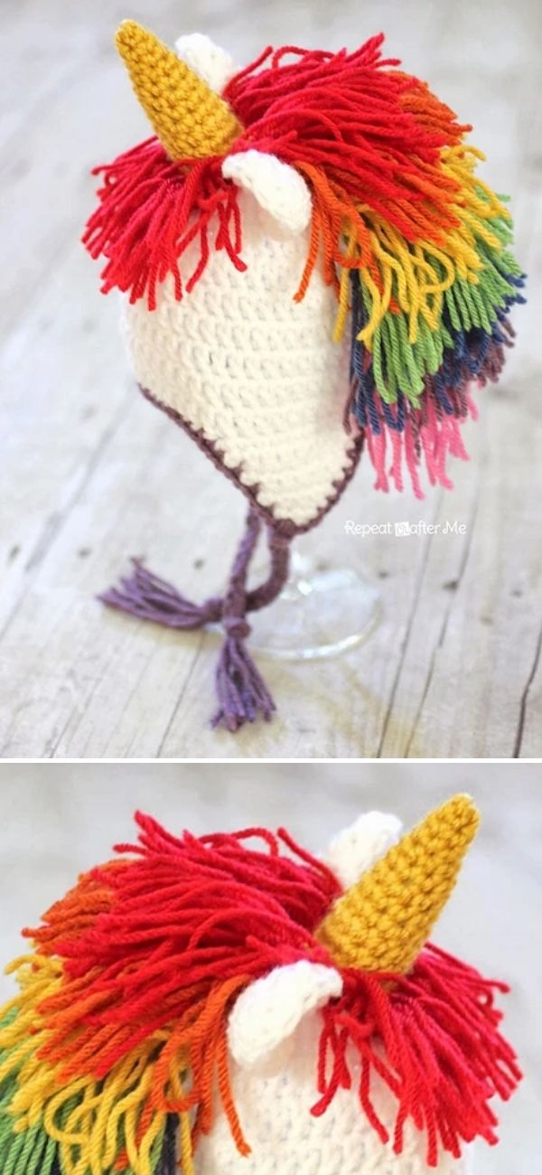 earflap unicorn hat with colorful mane