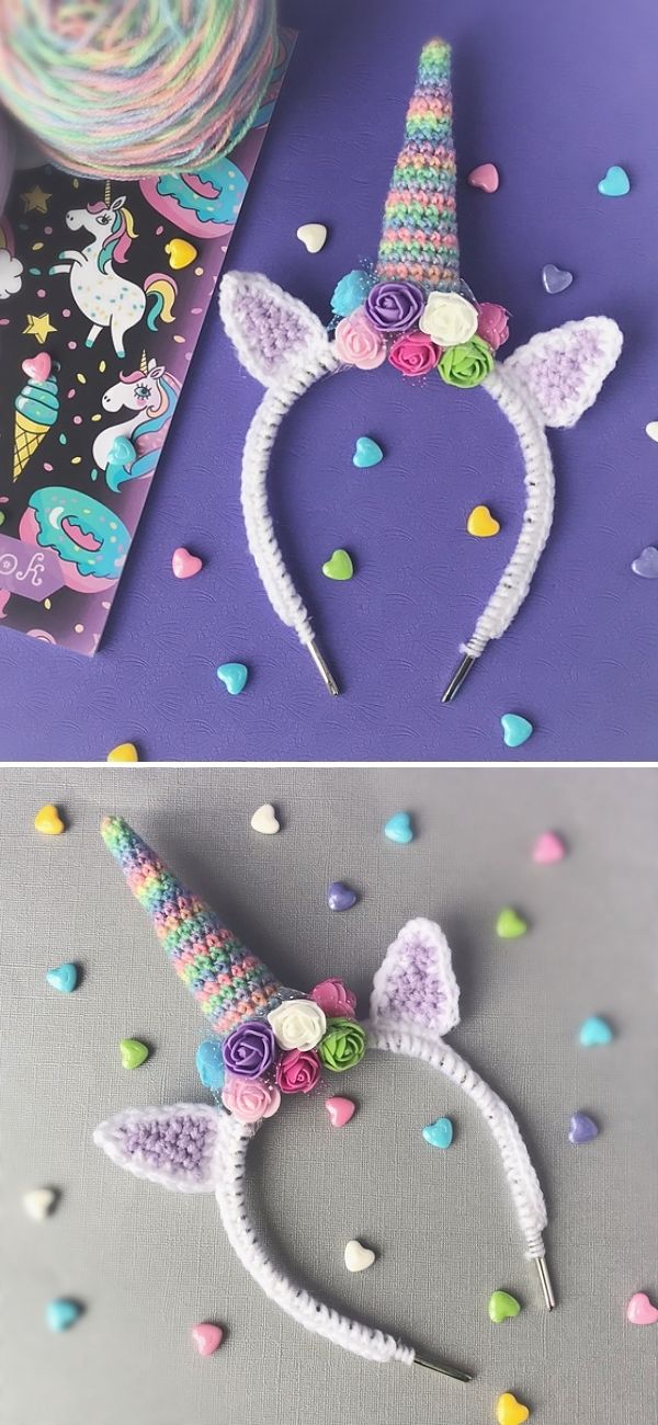 crochet headband with horn and flowers