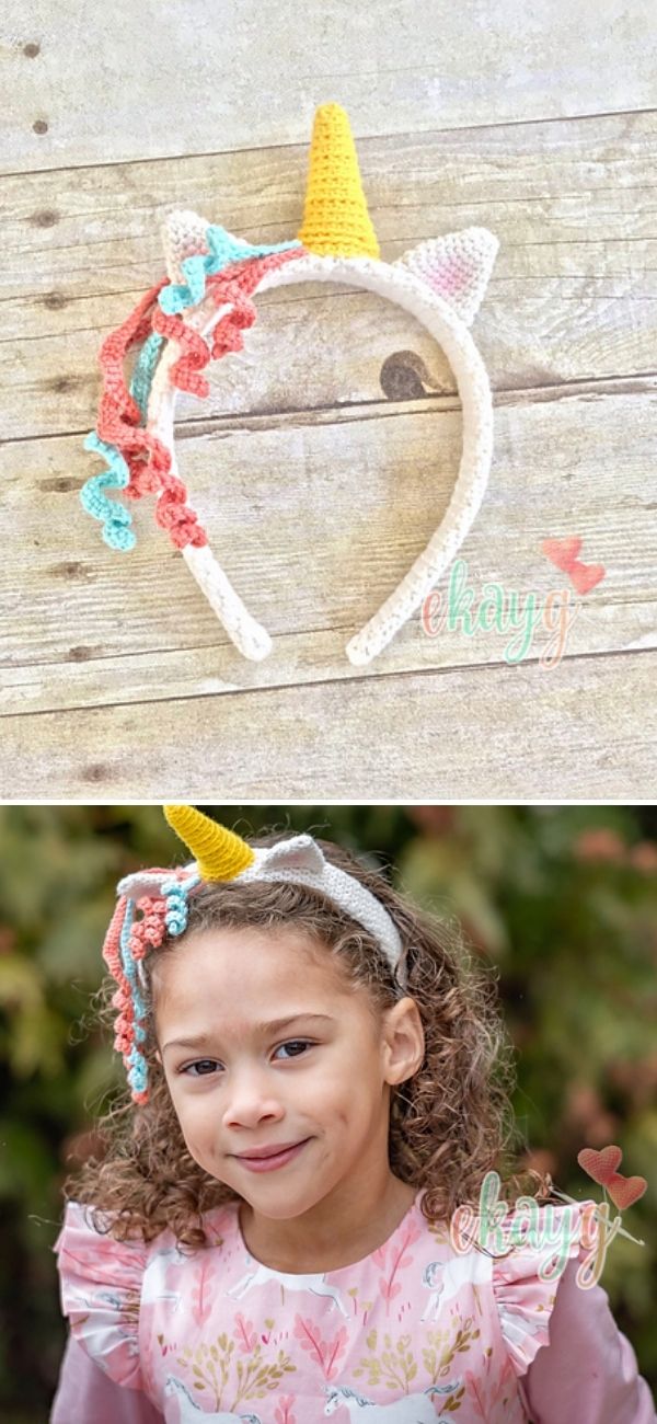 white crochet unicorn headband on wood