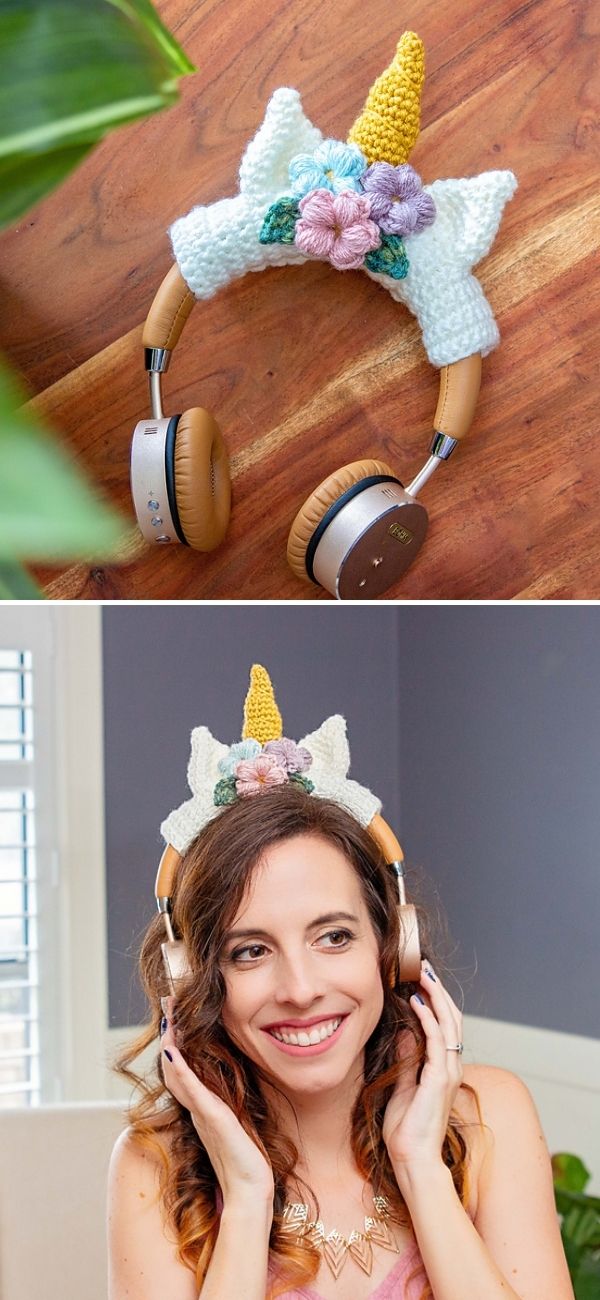 crochet headphone wrap with flowers and ears