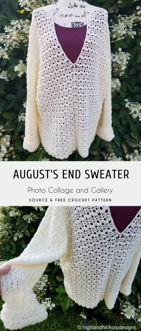 a white lace crochet sweater with a deep V-shaped neckline