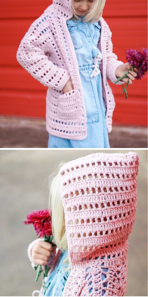 A collage of a girl holding flowers while wearing pink crochet cardigans.
