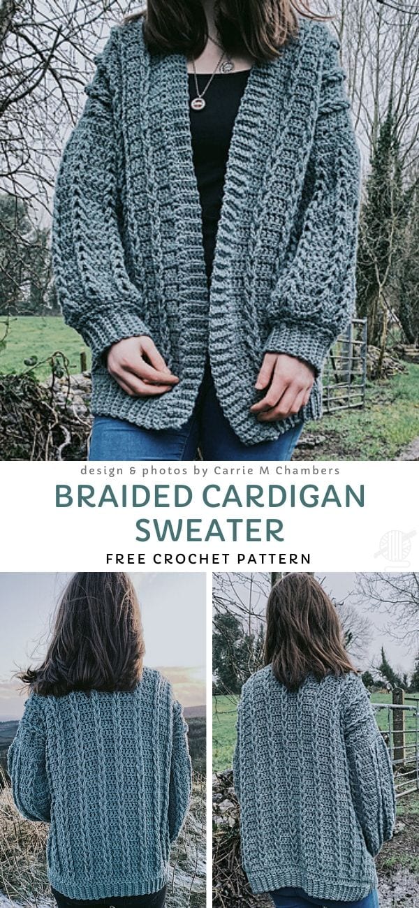 grey chunky crochet cardigan with braids worn by a woman