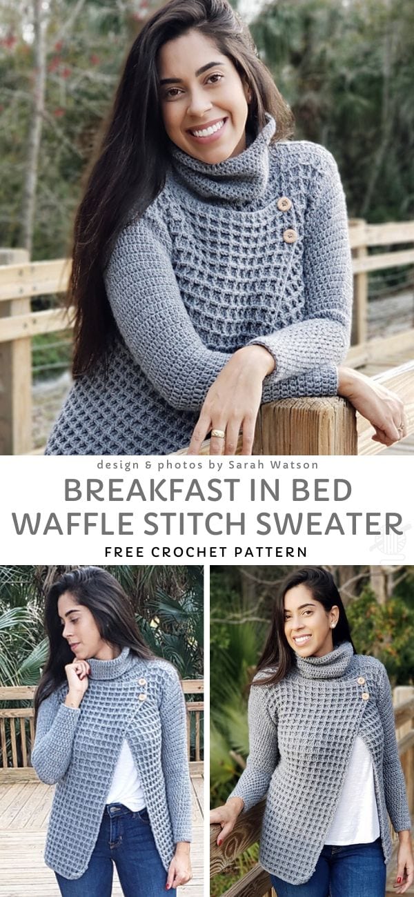 a smiling woman in a grey crochet cardigan made with waffle stitch