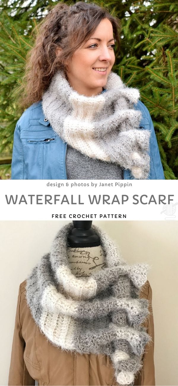 A woman steps out, wrapped in a fluffy, gray and white crochet scarf that drapes elegantly. Below, a close-up on a mannequin showcases the intricate detailing of this crochet wrap. Text: "Waterfall Wrap Scarf Free Crochet Pattern.