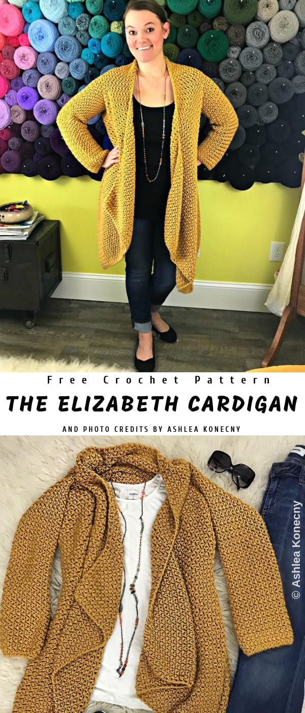 a woman wearing long and voluminous crochet cardigan in gold color