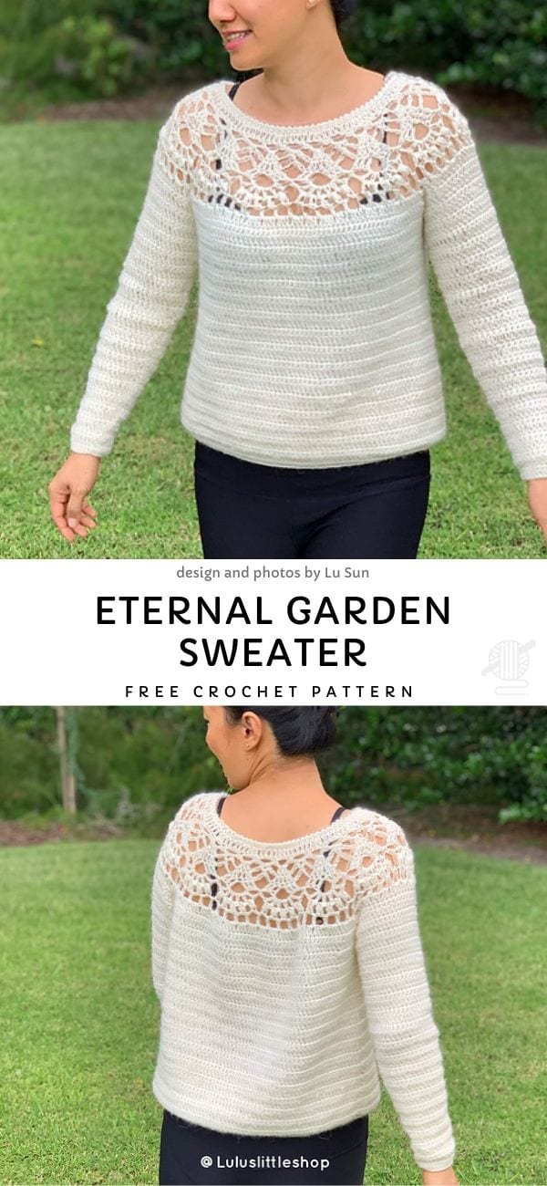 a woman wearing a white crochet sweater with lace top part
