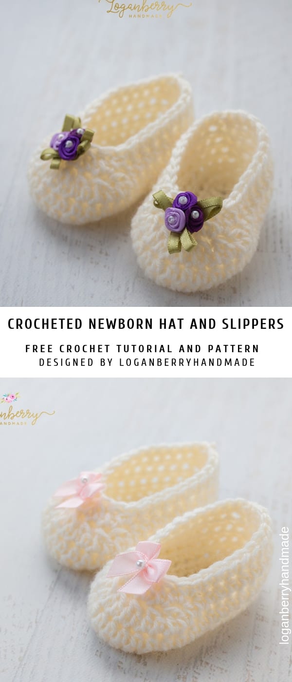 crocheted newborn hat and slippers.