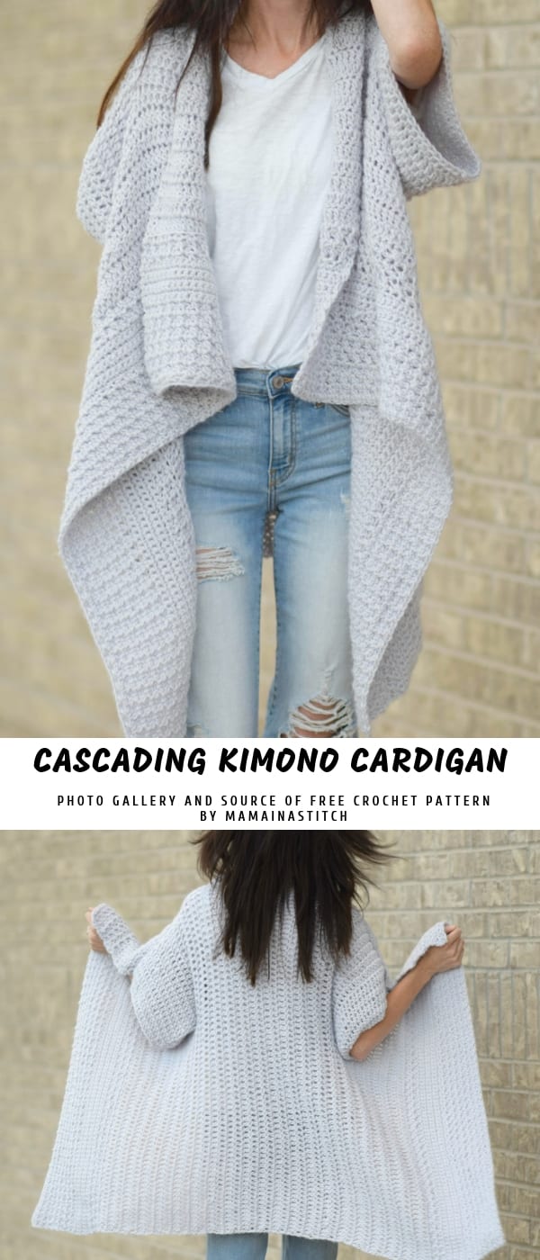 a woman wearing light grey long crocheted kimono cardigan with white V-neck t-shirt and light blue jeans