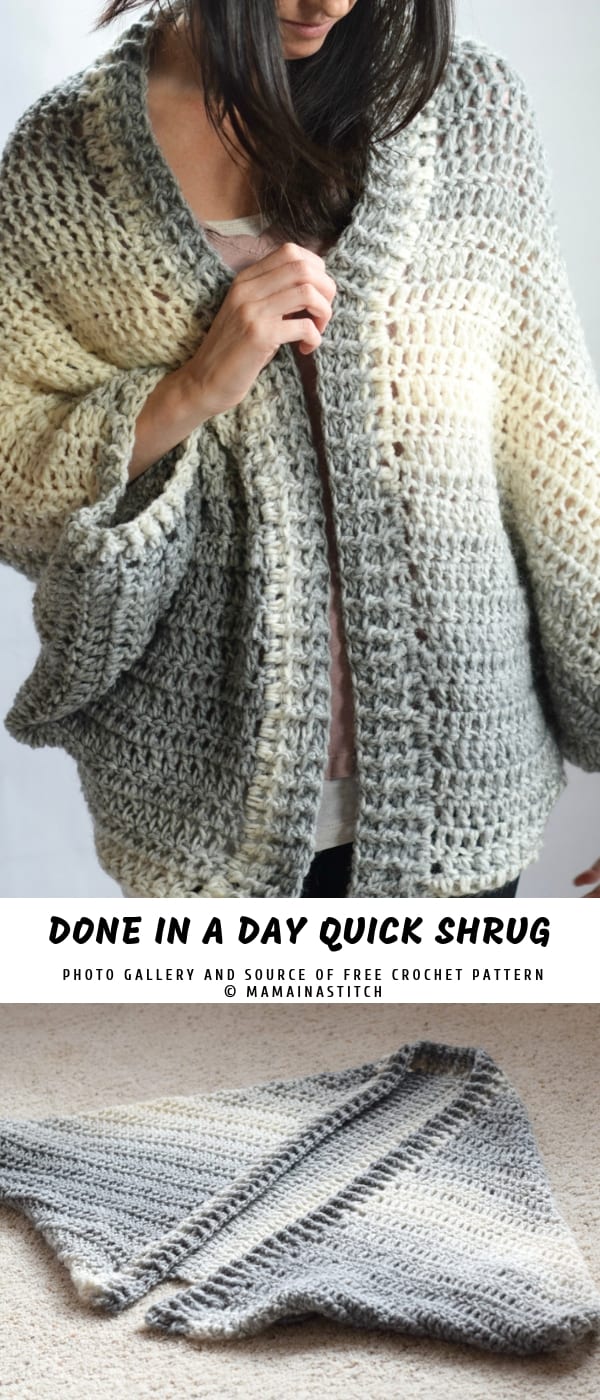 ombre grey beige chunky crochet shrug on a woman