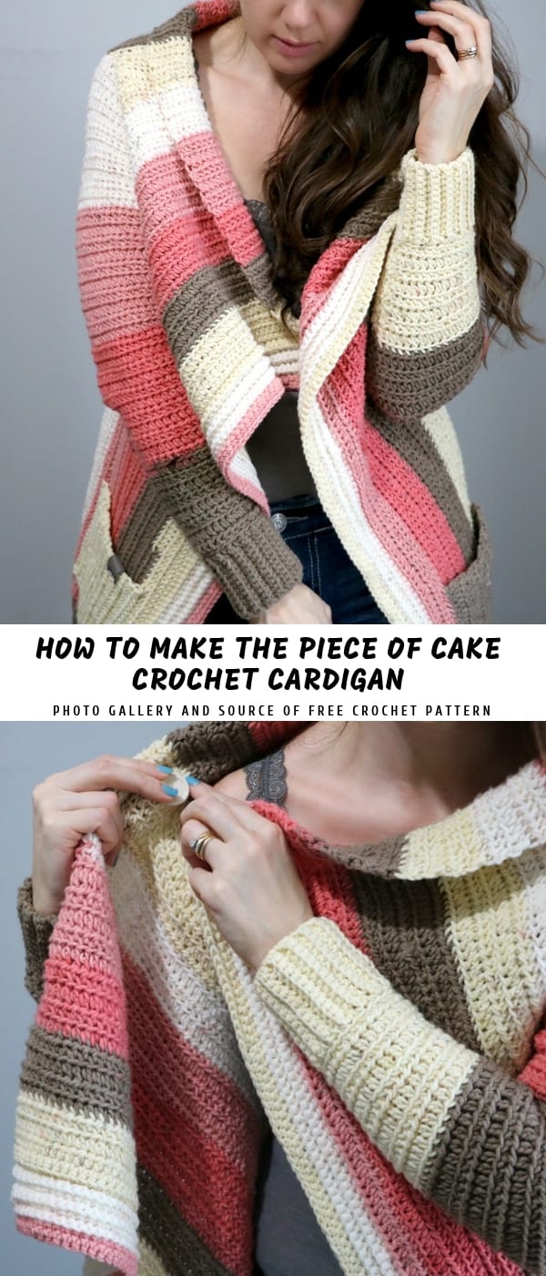 bulky crochet women's cardigan with beige brown red and pink bold stripes