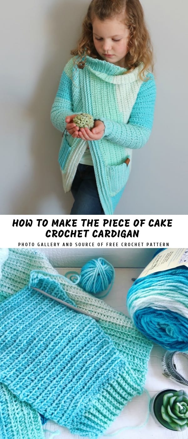 blue-shades crochet cardigan for children with a button on shoulder on a girl