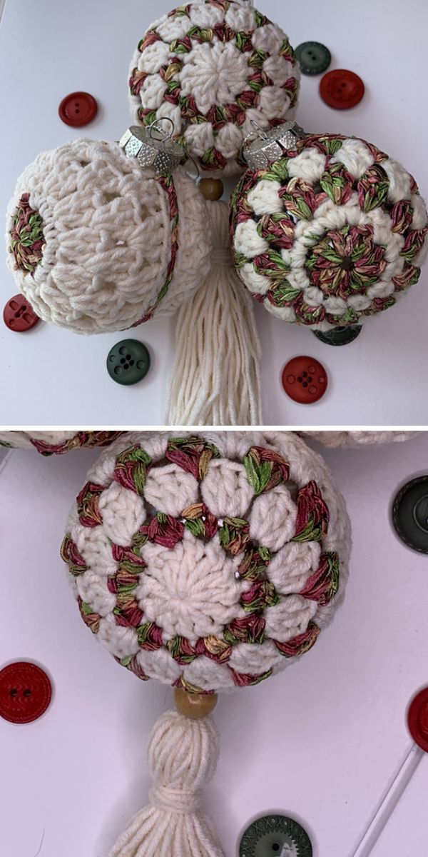 Two crocheted baubles featuring buttons.