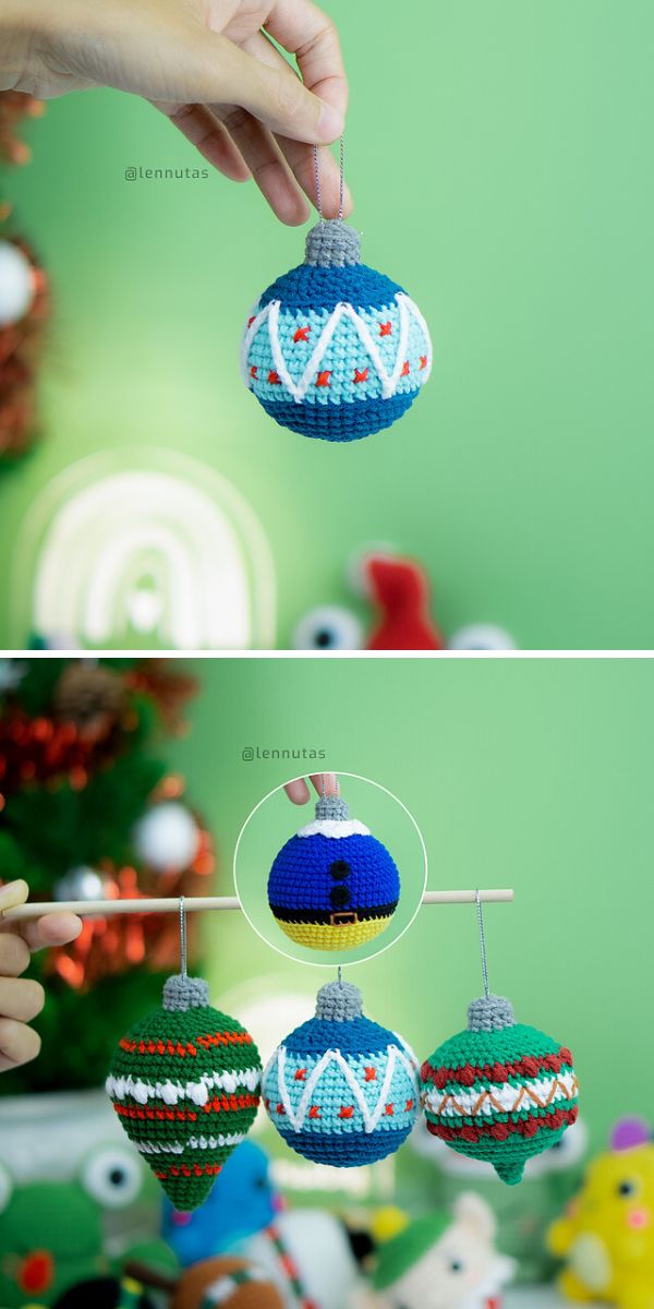 Crocheted baubles hanging on a Christmas tree.