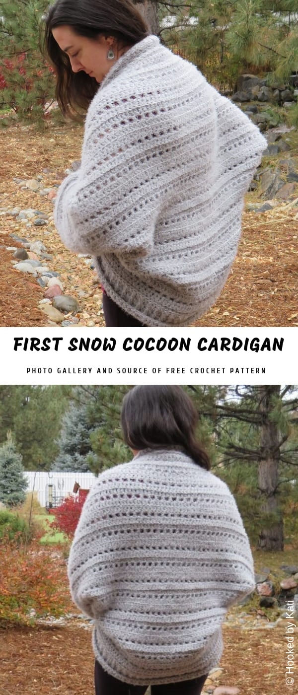 a woman in a fluffy light grey crochet shrug