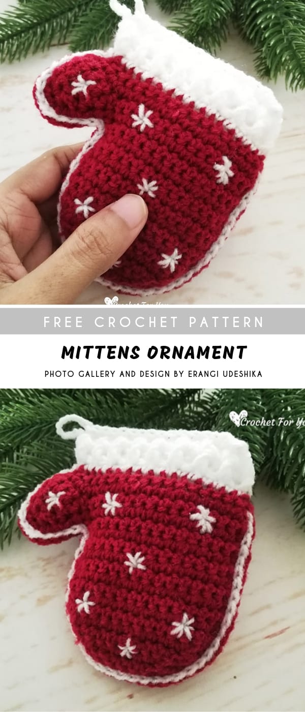 red crochet mitten ornament with embroidered white snowflakes