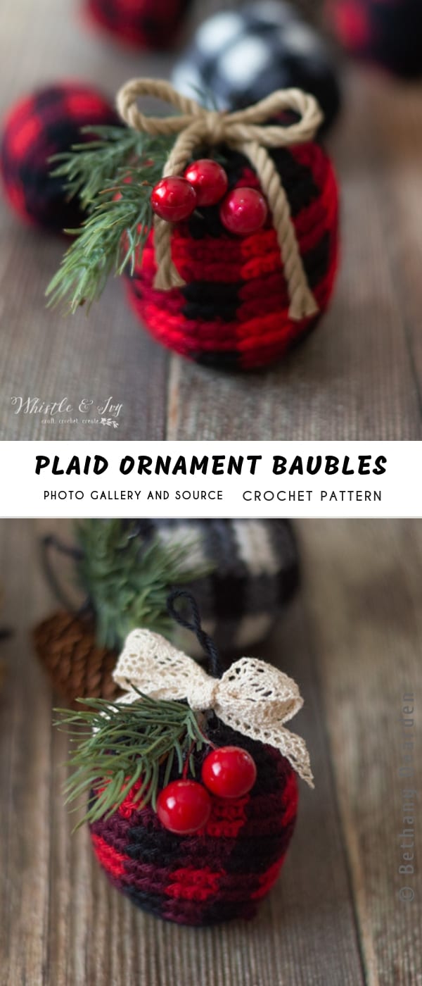 crochet ornaments with plaid patterns and pine cones.