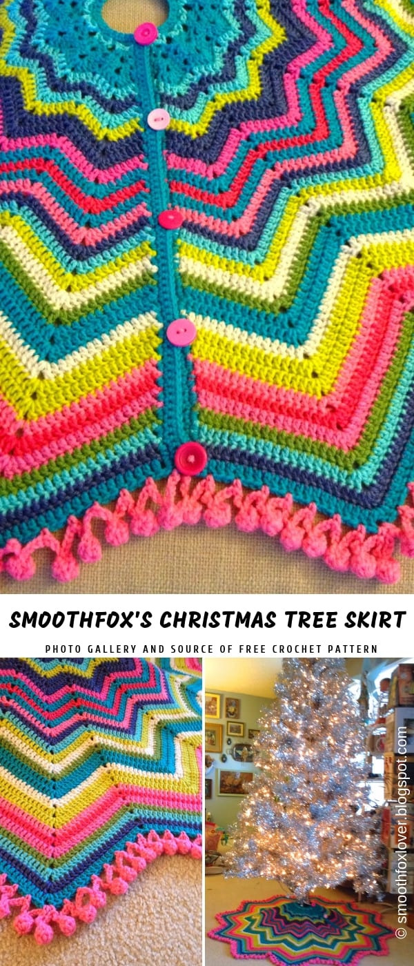 A festive crocheted Christmas tree skirt adorned with a beautiful pattern.