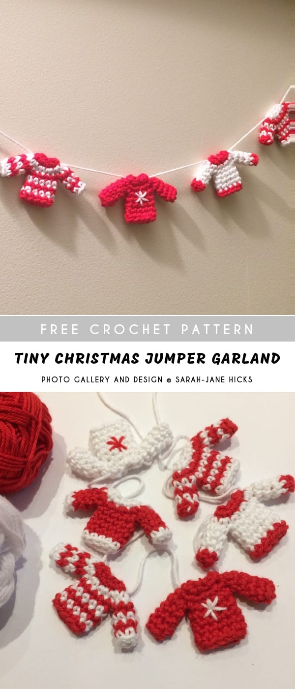 red and white crochet mini-jumpers joined in a bunting