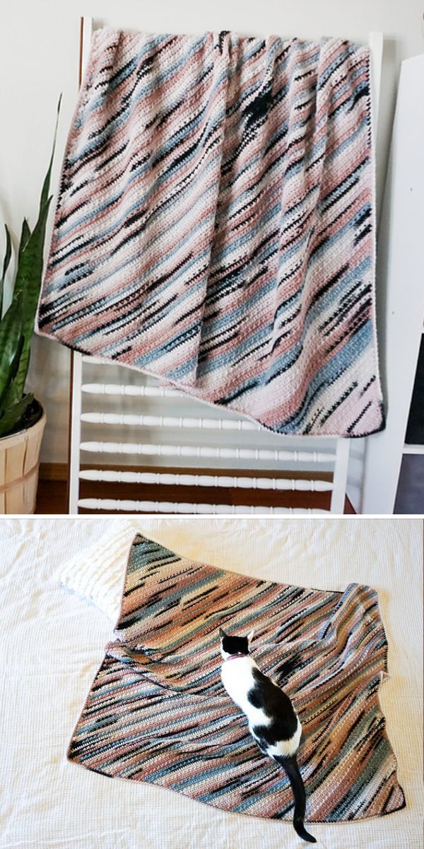 A crochet blanket on a bed.
