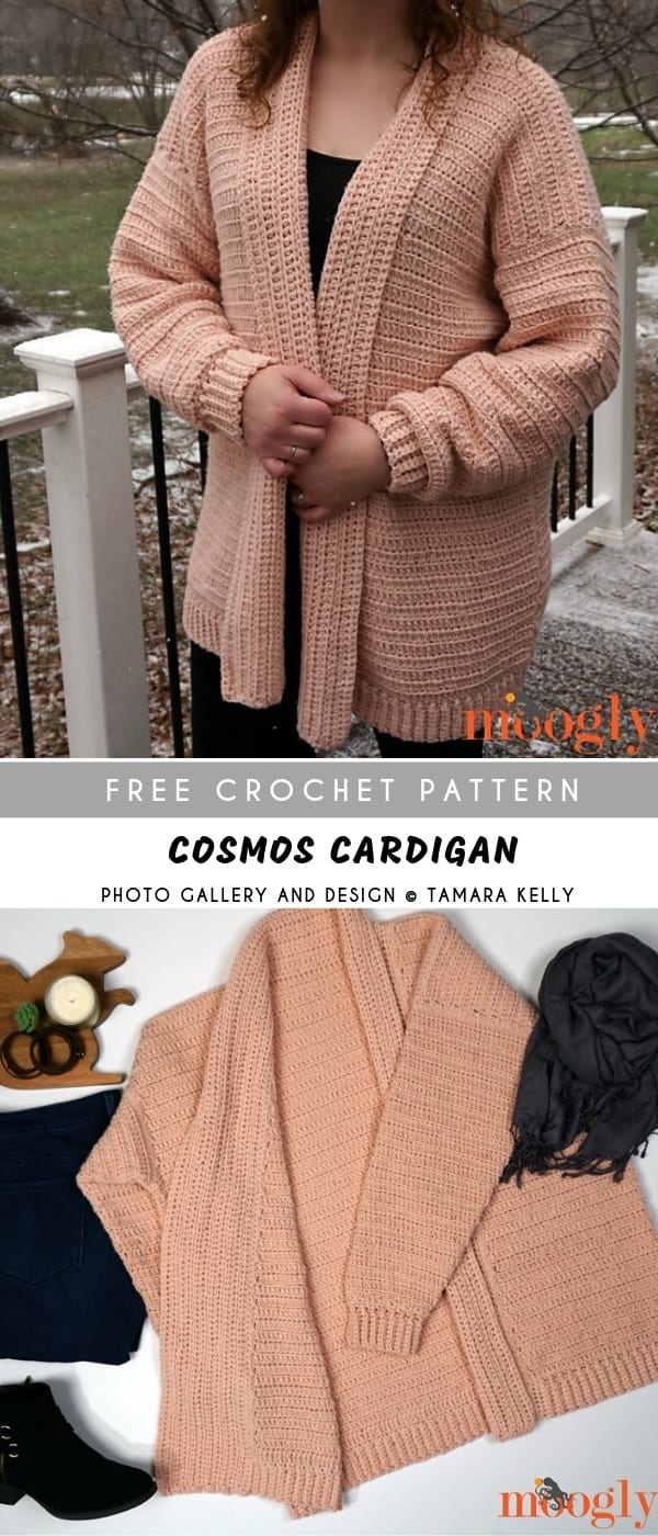 chunky crochet cardigan in peach color on a woman