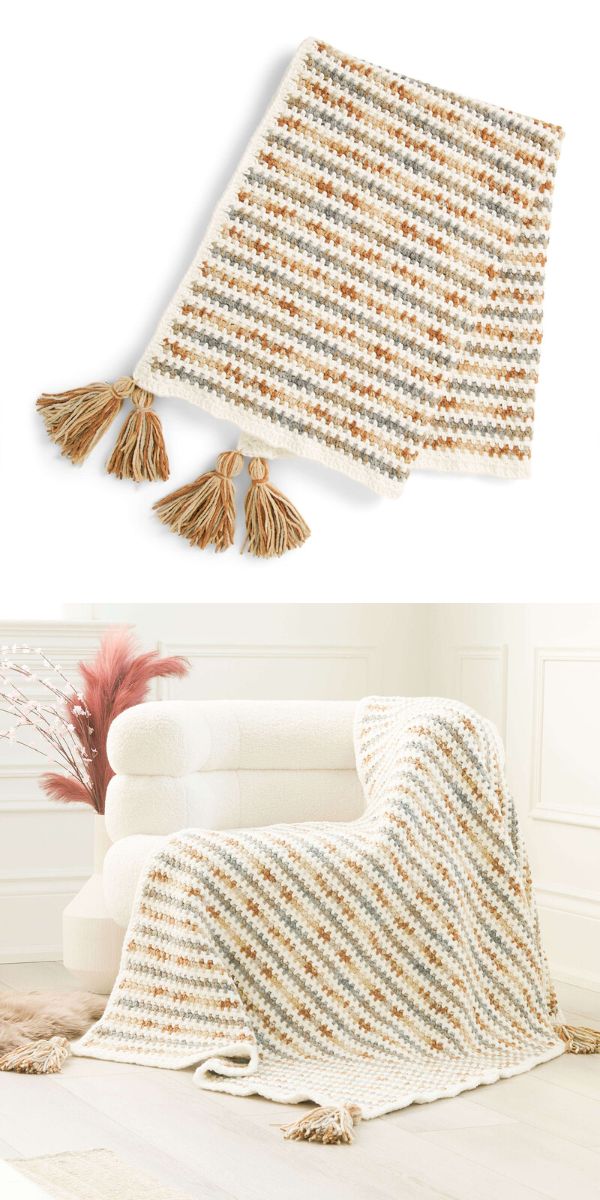 Two crochet throws with tassels on them.