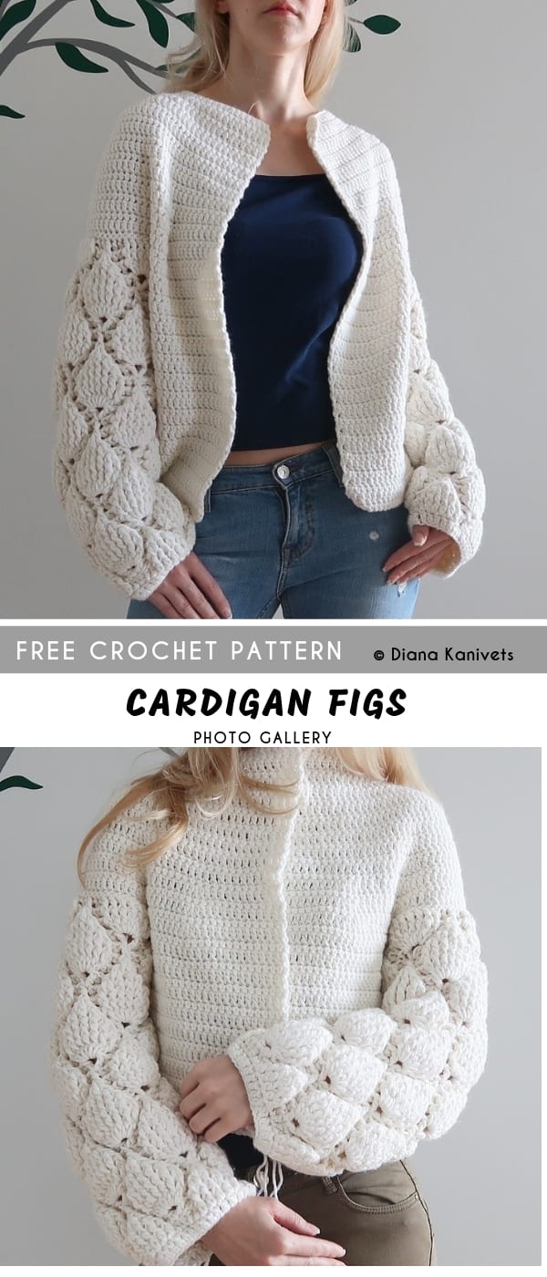fabulous white crochet cardigan with voluminous fig-shaped ornament sleeves on a woman