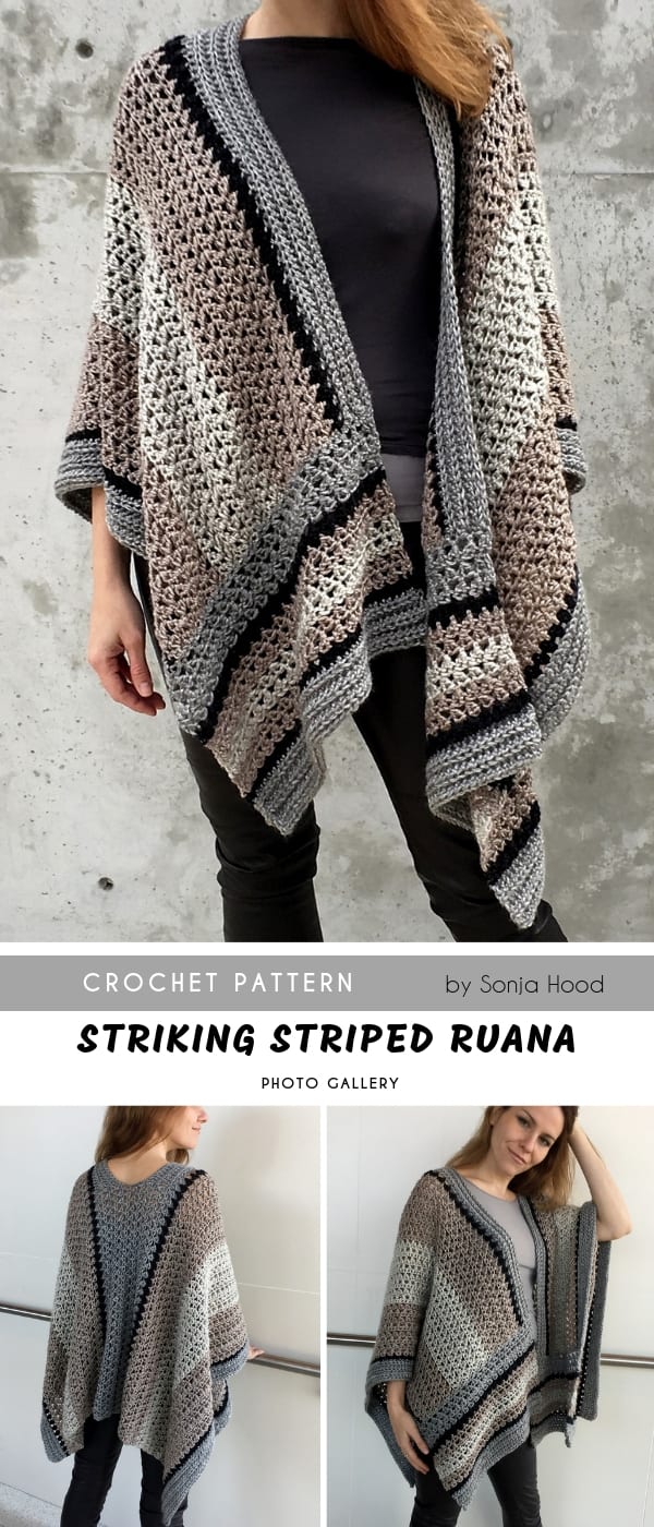 brown beige grey chunky crochet ruana on a woman in black jeans and grey t-shirt