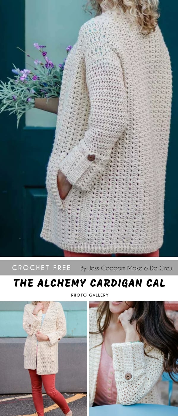 white voluminous long crochet cardigan on a woman