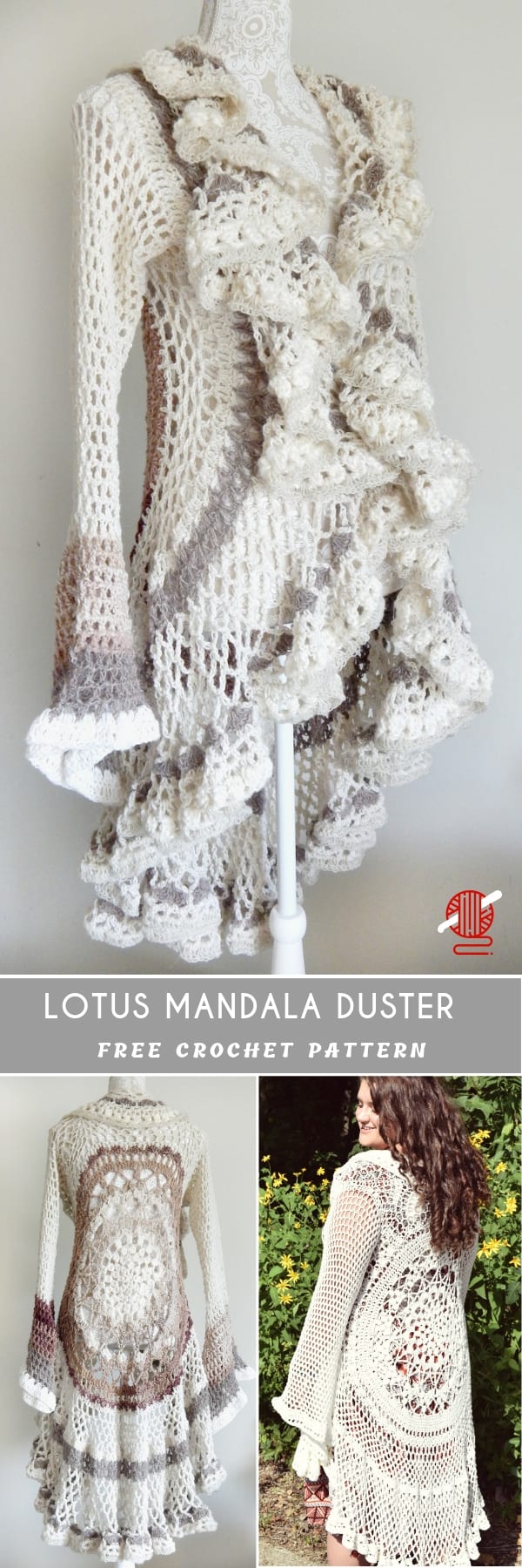 A handmade crochet lotus mandala duster with a ruffled collar and mandala pattern design in cream and brown tones, displayed on a mannequin and modeled outdoors.