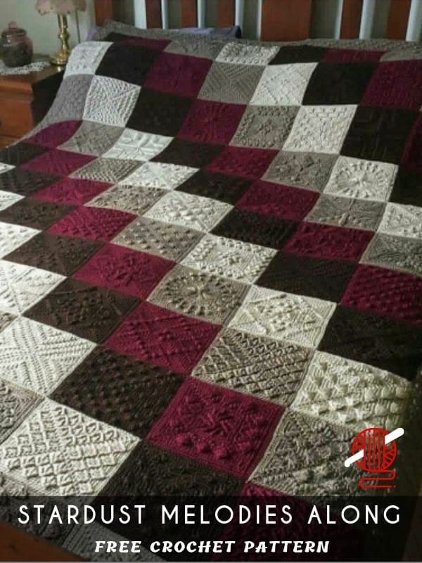 Free crochet pattern featuring stardust melodies and granny square motifs.