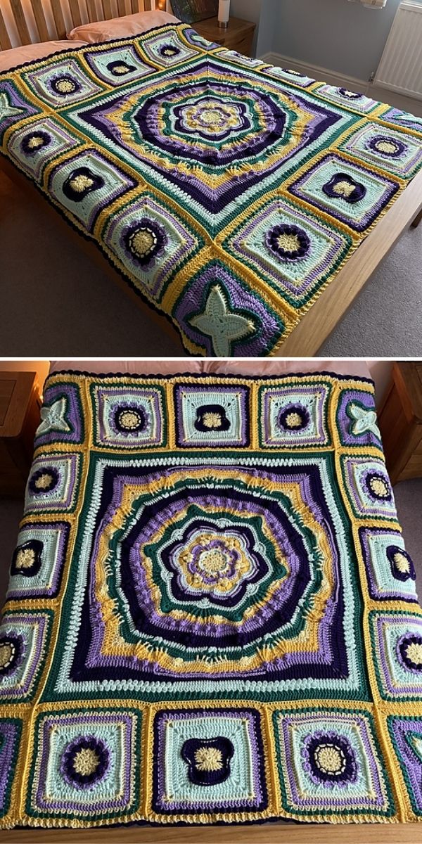 Two pictures of a crocheted afghan on a bed.