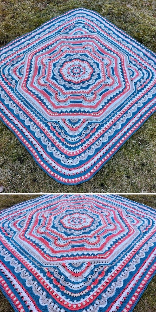 Two pictures of a crocheted afghan on the grass.