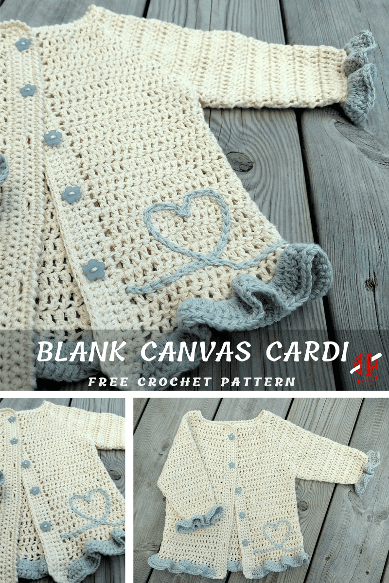 Crocheted beige cardigan with blue accents, displayed on a wooden surface. Features heart motif and matching buttons. Text reads "Blank Canvas Cardi: Free Crochet Pattern.