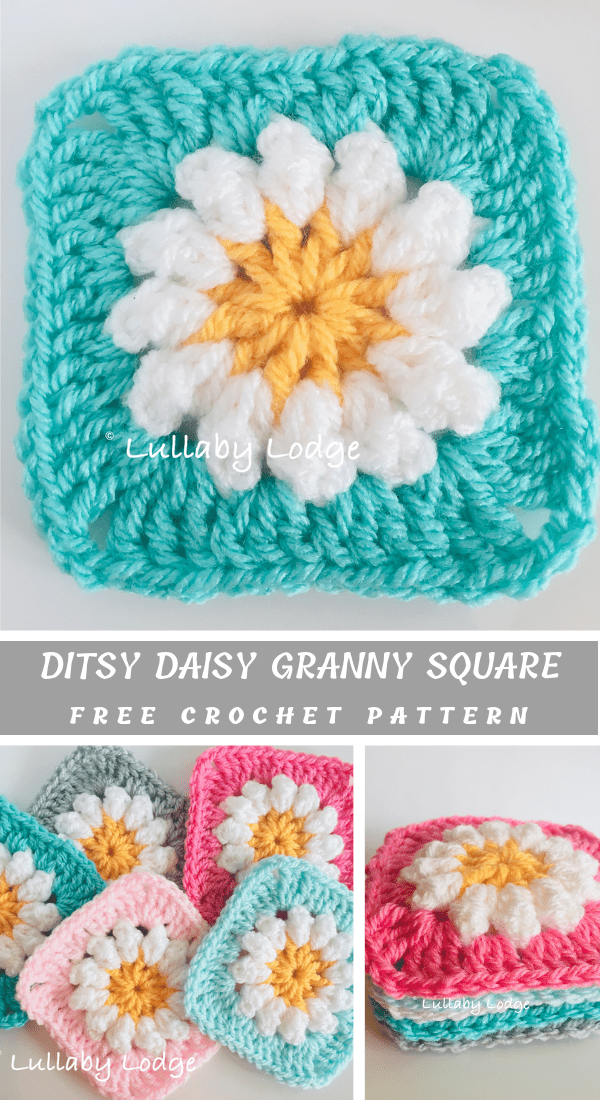 Granny squares with a daisy design in vibrant hues of teal, pink, and yellow are showcased. The text reads "Ditsy Daisy Granny Square Free Crochet Pattern," inviting you to create these charming pieces.