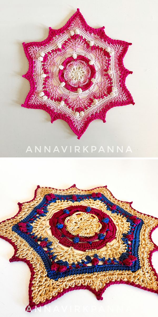 Two different pictures of a crocheted mandala flower.
