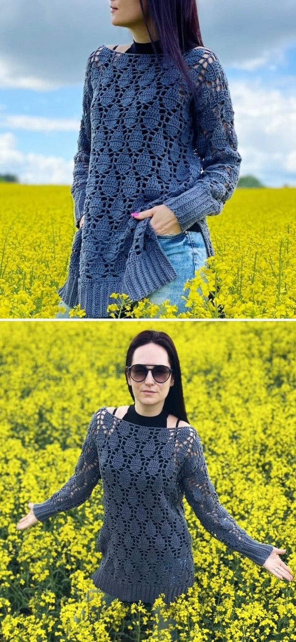 a long lacy blue sweater with drops design