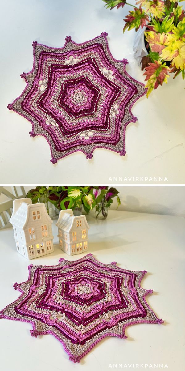 Two pictures of a crocheted spider web mandala on a table.