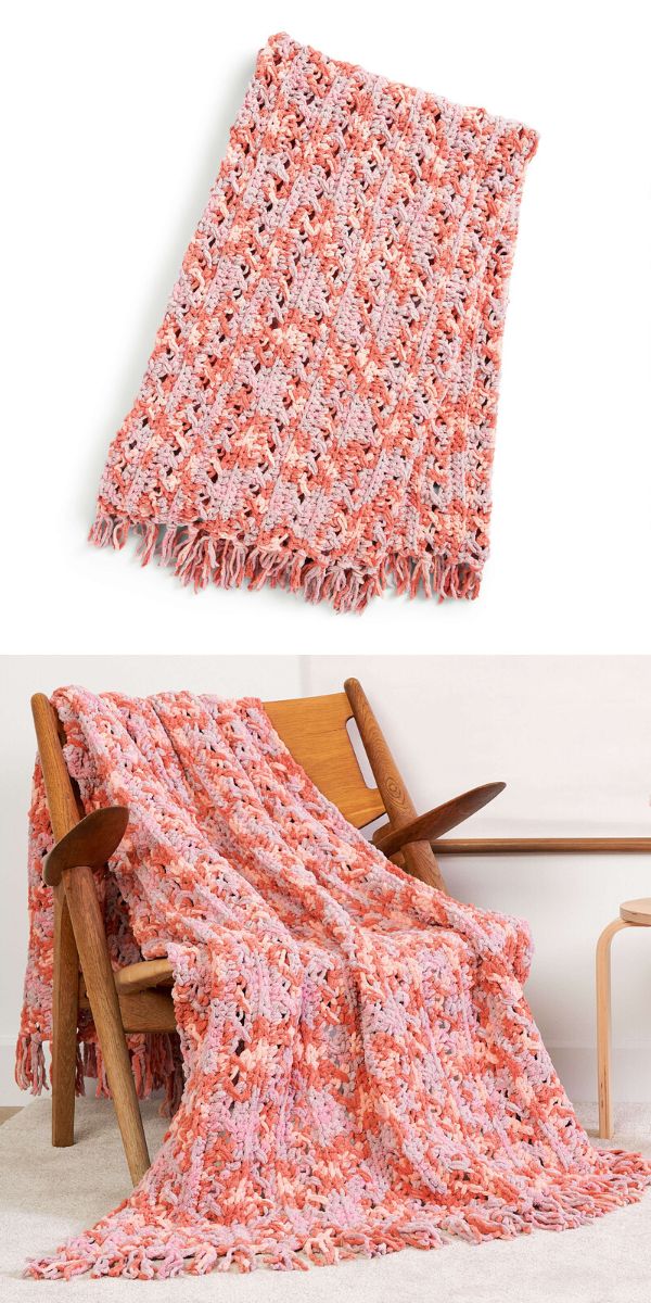 Two pictures of crochet throws on a chair.