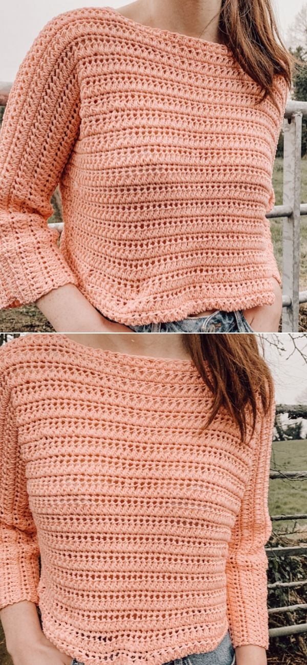 Spring Cropped сrochet Top with 3/4 sleeves in peach color