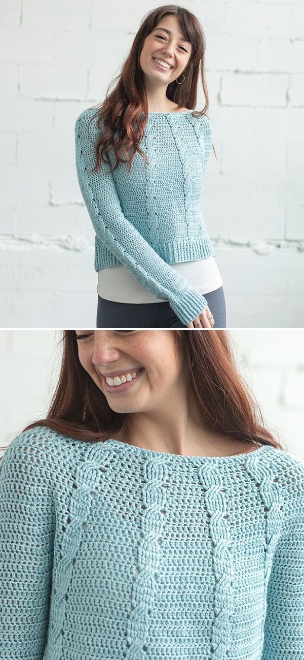 a woman in a light blue cropped crochet pullover with braids