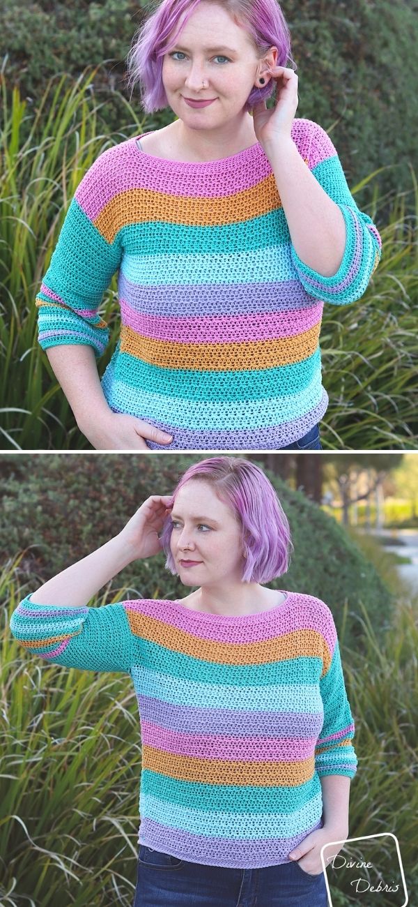 a colorful crochet sweater in stripes