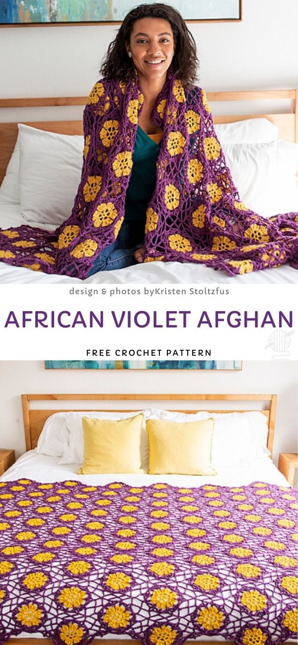 A person sits on a bed wrapped in a purple and yellow crochet afghan, perfect for cozy evenings with your favorite crochet throws. Below, the afghan is spread out on the bed with two yellow pillows. Text reads, "African Violet Afghan Free Crochet Pattern.