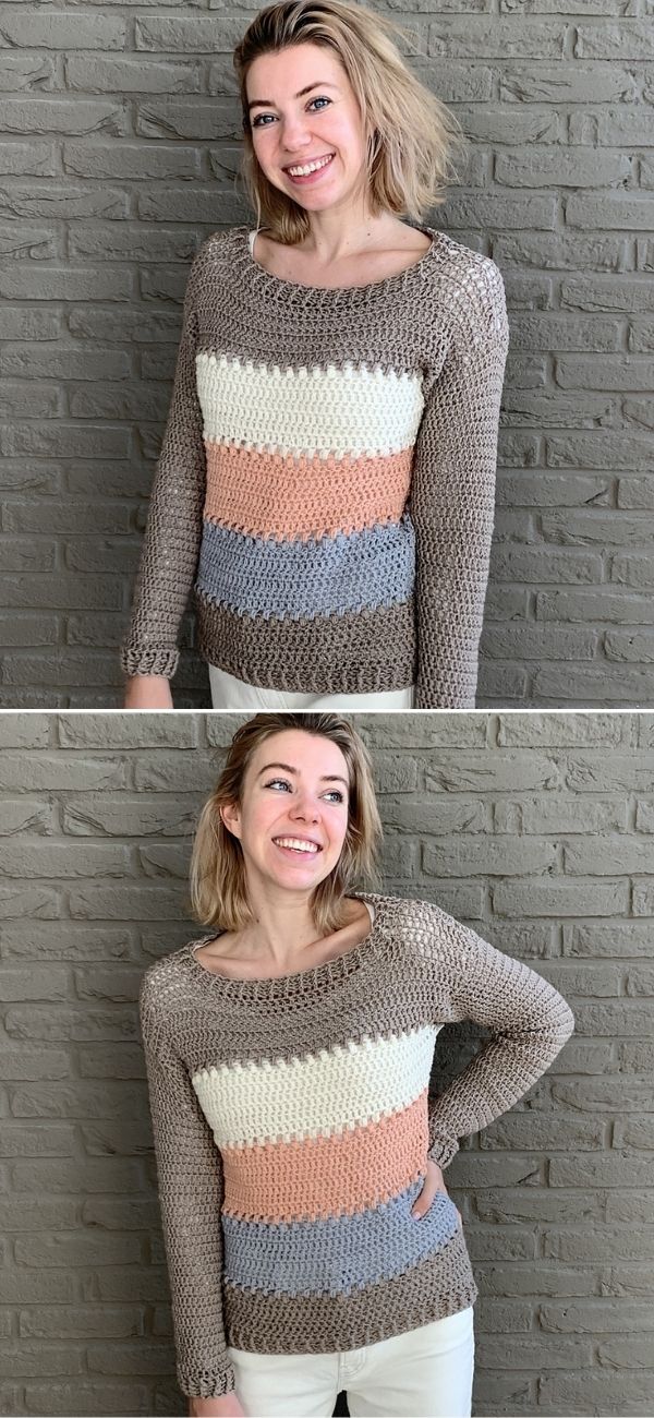 a woman in a lacy striped crochet sweater in grey, white, peach and blue colors
