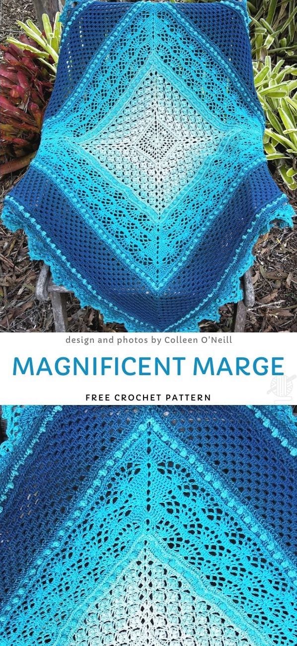 A crocheted square blanket in shades of blue is displayed outdoors on a chair. The text reads "Magnificent Marge Free Crochet Pattern," showcasing the elegance often seen in crochet throws.